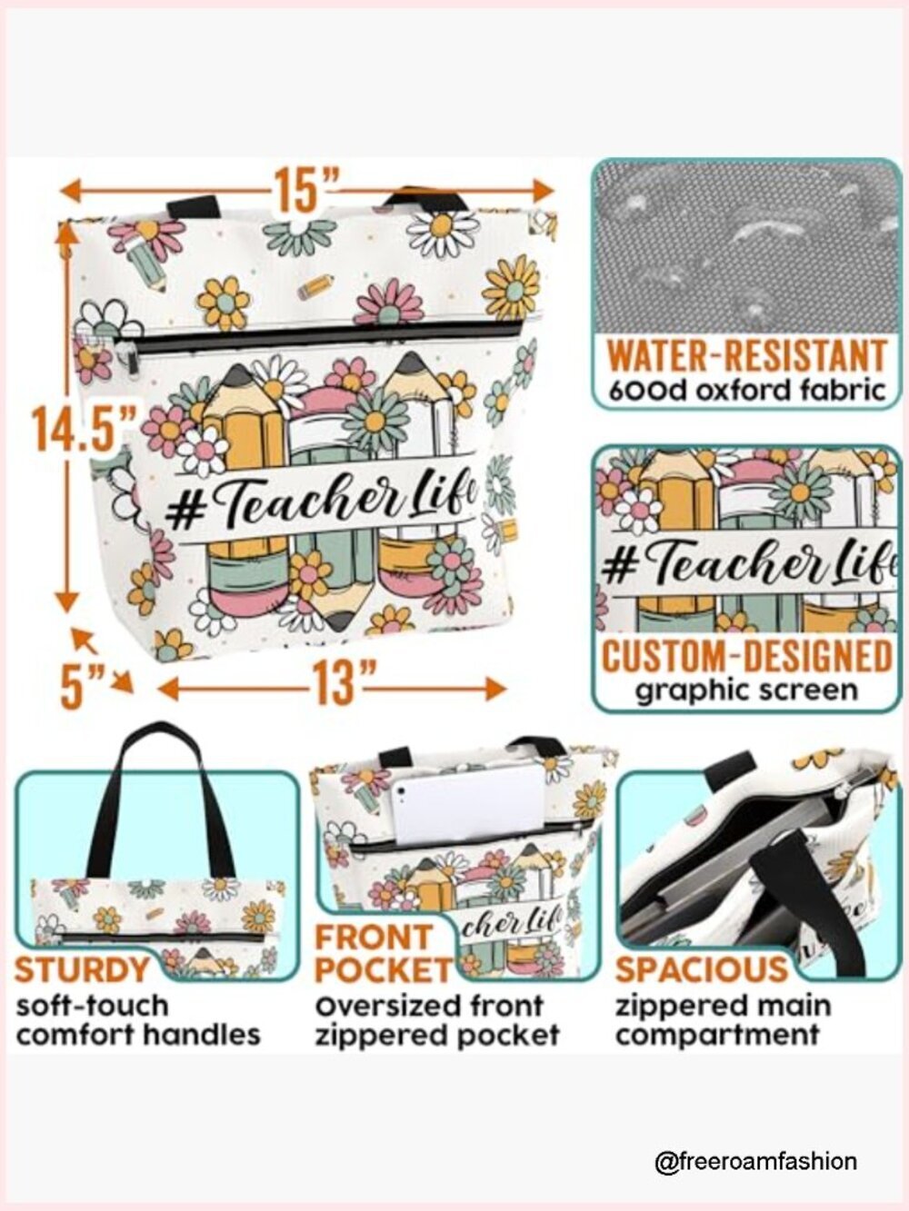 Large Waterproof Tote Bag with Multiple Pockets for Work Laptop - Picture 4 of 7